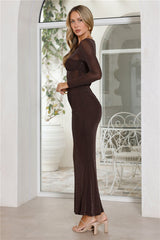 Glitter Night Long Sleeve Maxi Dress Brown