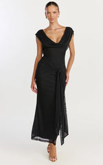 Zena Midi Dress - Cowl Neck Tie Detail Dress in Black
