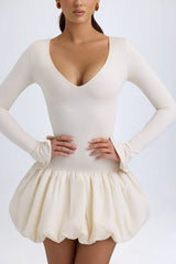 Modal Drop Waist Bubble Hem Mini Dress in Ivory