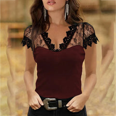 JuliaFashion - 2024 Women Casual V-neck Lace Short Sleeve Sexy Solid Shirt Top