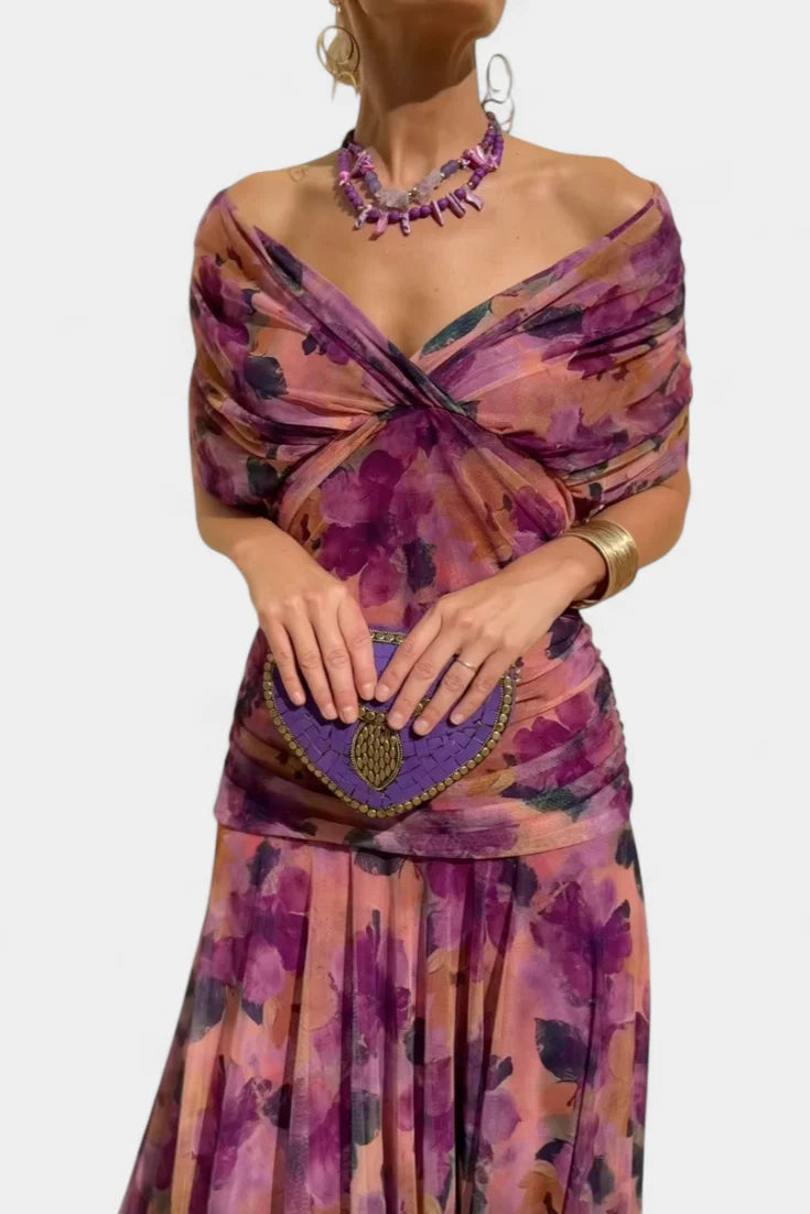 Women's Off-Shoulder Ruched Mesh Dress – Elegant Fitted Cocktail Dress