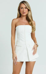 Monroe Two Piece Set - Strapless Button Down Longline Vest Top and High Waisted Mini Skirt in White