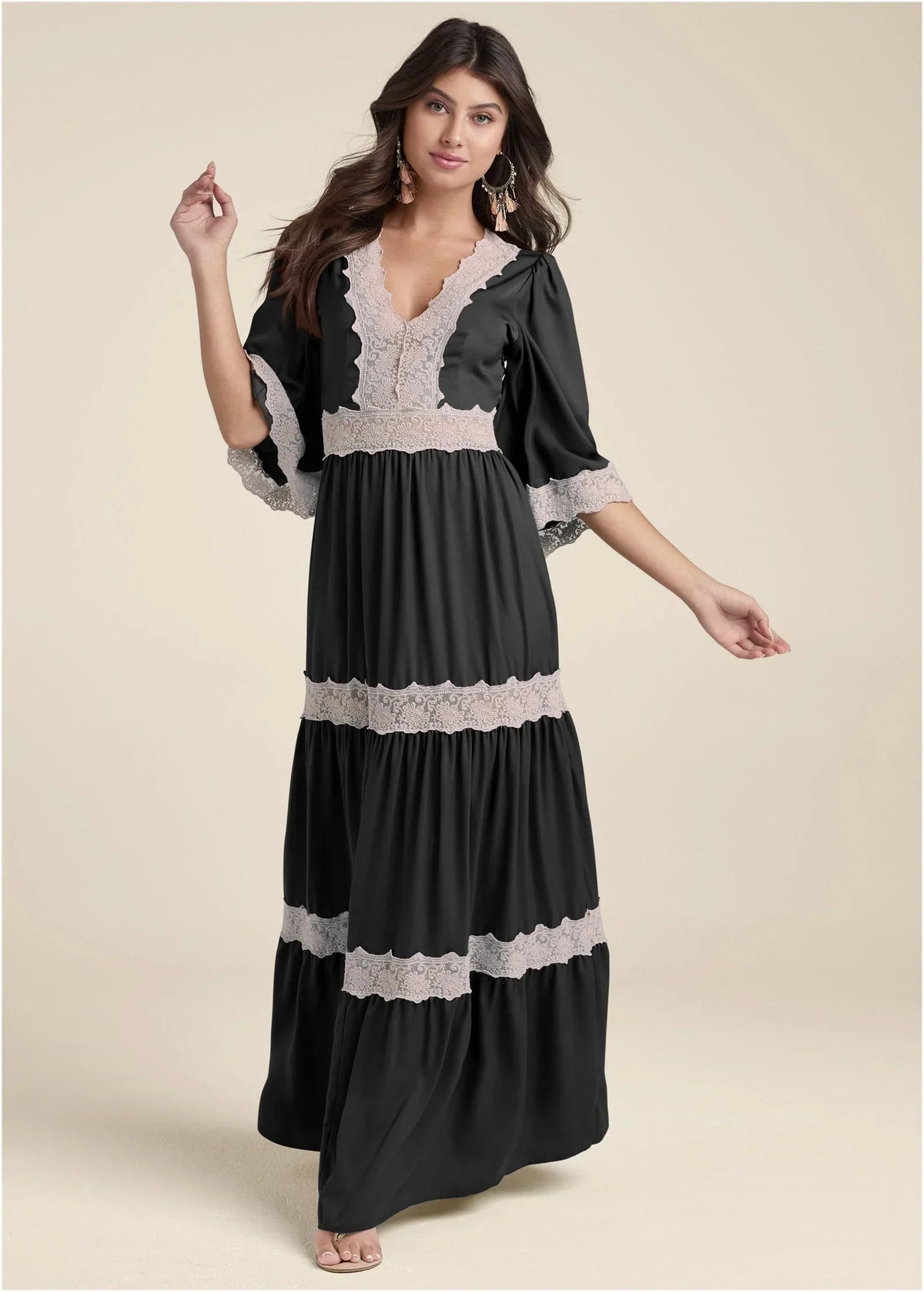 Lace Detail Maxi Dress Black Multi