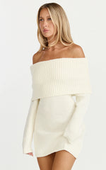 Erin Mini Dress - Cable Knit Off Shoulder Long Sleeve Dress in Cream