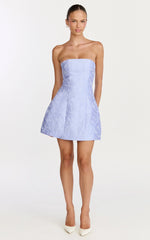 Rosalie Mini Dress - Strapless Jacquard Floral Mini Dress in Blue