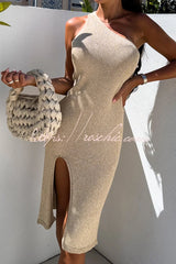 Heating Up The Hamptons Knit One Shoulder Slit Stretch Midi Dress
