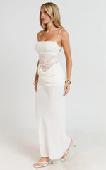 Contrast Lace Bodice Bias Cowl Drop Waist Dress in Cream