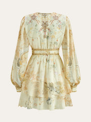 Semi-Sheer Chiffon Floral Printed Ruffled Mini Dress