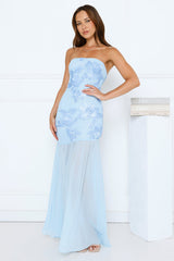 Timeless Affair Strapless mesh Maxi Dress Blue