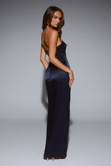 Sleek Aura Strapless Satin Maxi Dress Navy