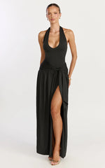 Coraline Maxi Dress - Plunge Neckline Double Waist Sash Halter Dress in Black