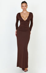 Juniper Maxi Dress - V Neckline Long Sleeve Gathered Detail Dress in Dark Chocolate