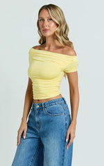 Gena Top - Off Shoulder Gathered Short Sleeve Top in Pastel Yellow