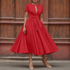 JuliaFashion - Vintage Solid Short Sleeve Maxi Dress