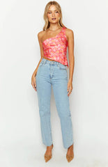 Claudi Orange And Pink Satin One Shoulder Top