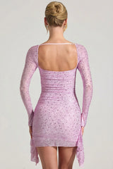 Embellished Draped Cowl Neck Mini Dress in Peony Pink