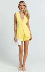 Olivia Top - Longline Linen V Neck Back Tie Vest Top in Lemon