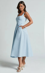Linen Look Square A Line Dress in Blue