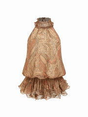 Chiffon Paisley Halter Neckline Ruffle Hem Top