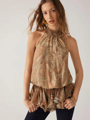 Chiffon Paisley Halter Neckline Ruffle Hem Top