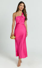 Carmella Midi Dress - One Shoulder Twist Detail Dress in Fuchsia