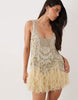 ASOS LUXE embellished scoop neck mini dress with faux feather hem in pale yellow
