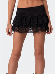 JuliaFashion - Lace Floral Short Mini Ruffle Hem Summer Casual Beach Club Streetwear Aesthetic Female Skirts