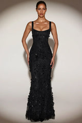 Embellished Appliqué Soft-Scoop Corset Gown In Black