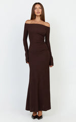 Ayla Maxi Dress - Off Shoulder Flared Sleeve Bodycon Dress in Chocolate