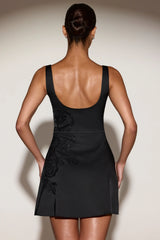 Embellished Scoop-Neck A-Line Mini Dress in Black