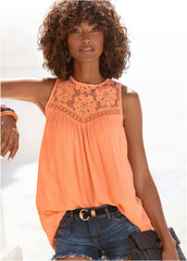 Floral Lace Inset Tank Orange