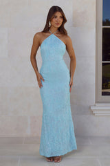 The Sparkling Muse Sequin Halter Maxi Dress Blue