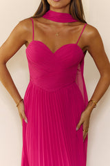 Sweetheart Pleated Scarf Maxi Dress Hot Pink