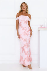 Lush Bloom Embroidered Off Shoulder Maxi Dress Pink