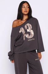 All A Dream Off Shoulder Oversized Long Sleeve Tee Charcoal
