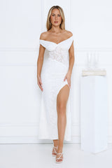Ivory Veil Off Shoulder Lace Maxi Dress White
