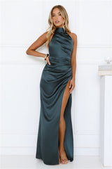 Satin Sophistication Halter Maxi Dress Green