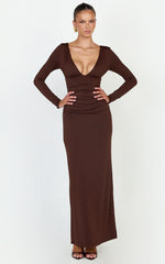 Juniper Maxi Dress - V Neckline Long Sleeve Gathered Detail Dress in Dark Chocolate