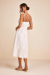 Loveliest Looks White Floral Jacquard Tie-Strap Midi Dress