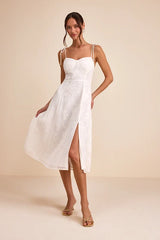 Loveliest Looks White Floral Jacquard Tie-Strap Midi Dress