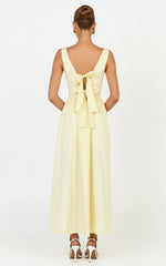 Casina Midi Dress - Boat Neck Tie Back Fit And Flare Dress in Yellow
