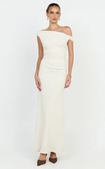Veda Maxi Dress - Asymmetric One Shoulder Ruched Maxi Dress in Cream