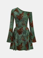 Flocked Floral Print One-Shoulder Mini Dress