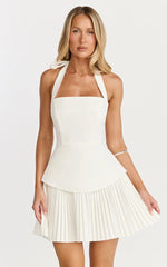 Calla Mini Dress - Halter Neck Peplum Pleated Skirt Dress in Off White