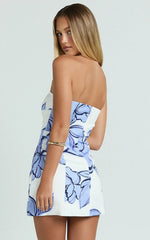 Strapless A Line Dress in Blue Floral