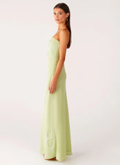 Sassafras Beaded Flower Strapless Maxi Dress Lime