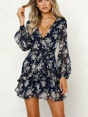 JuliaFashion-Floral Printed Surplice Neck Ruffled Mini Dress
