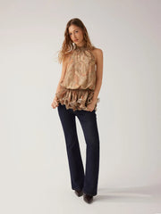 Chiffon Paisley Halter Neckline Ruffle Hem Top
