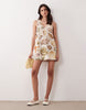 cotton linen v neck smock mini dress in shell print