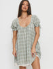 Princess Polly Embracing tie puff sleeve scoop neck lace trim babydoll mini dress in blue plaid